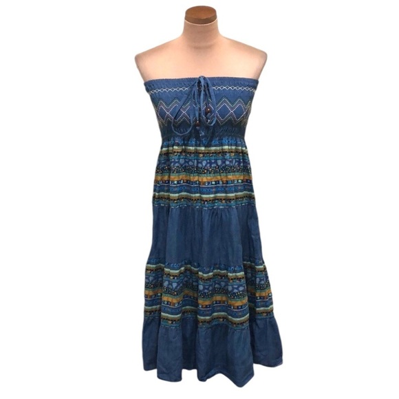 Vintage Midi Dress Size Small Blue Embroidered Tribal Print Chambray - Picture 1 of 8